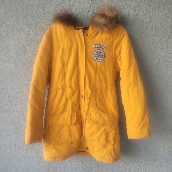 Jackets & Blazers - Faux Fur Lined Jacket Mustard Yellow, Hooded, Full Zip